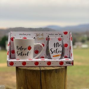 {SET OF TWO} stoneware mug stemless wine glass new tags coffee drinks teacher